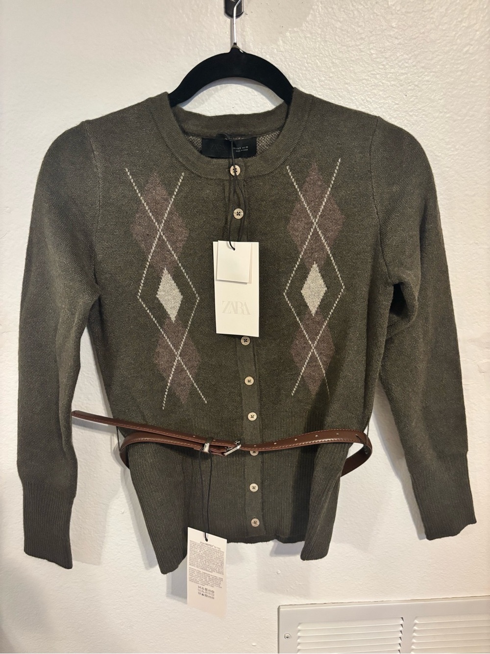 Zara Olive Argyle Crewneck Button-Up Cardigan with Brown & Cream Diamonds